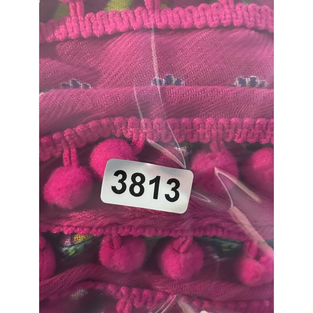 Vera Bradley‎ Palm Fronds Embellished Infinity Scarf Pink Lime Green Pom Pom NWT